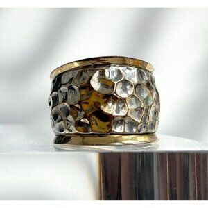 Hammered Dual Sterling Silver & Gold Toned Chunky Cigar 925 Vintage Ring sz 5.75